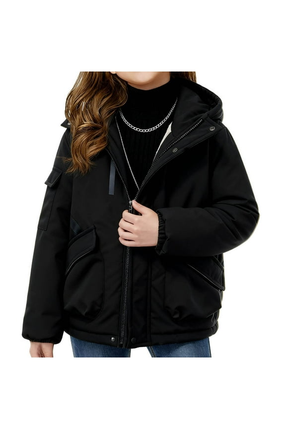 Childrens Solid Color Hooded Zipper Thickened Mid Length Pocket Jacket Casual Warm Jacket Soft Breathable Fabric Comfortable Wear for Kids Boys Girls(Black,13-14 Years)