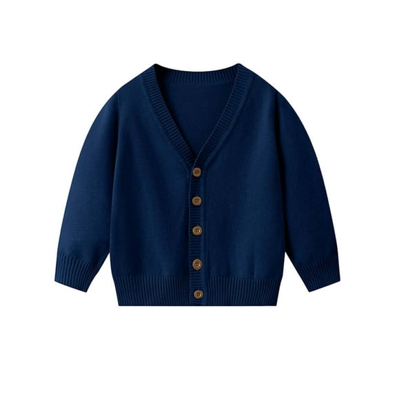IVEYRTF Childrens Solid Color Long Sleeve Sweater V Neck Knitted Cardigan Soft Fleece Tops Comfortable Casual Wear for Kids Boys Girls Everyday(Dark Blue,5-6 Years)