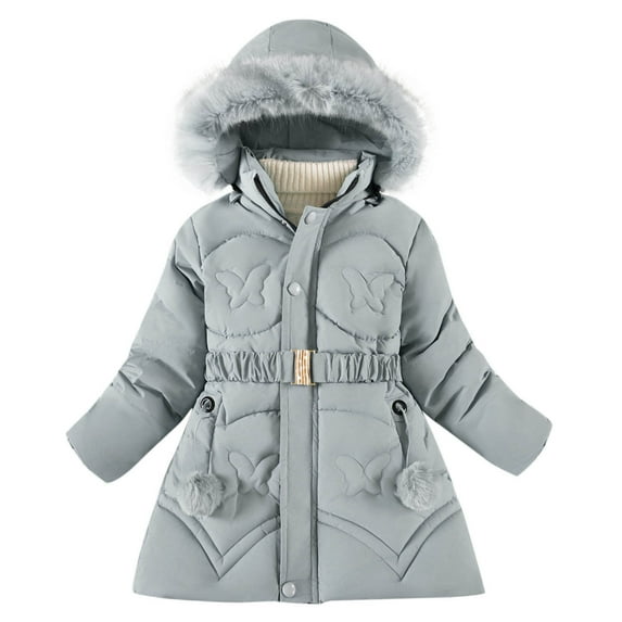 IVEYRTF Childrens Solid Color Winter Jacket with Large Hooded Collar and Bow Print Warm Thick Coat for Girls Casual Sports Top Kids Outerwear(Blue,9-10 Years)
