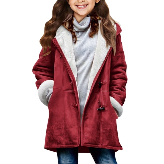 IVEYRTF Childrens Winter Faux Fleece Hooded Jacket Warm Kids Mid Length Outerwear Coats with Pocket for Boys Girls Casual Daily Wear Cold Weather Apparel(Red#1,12 Years)