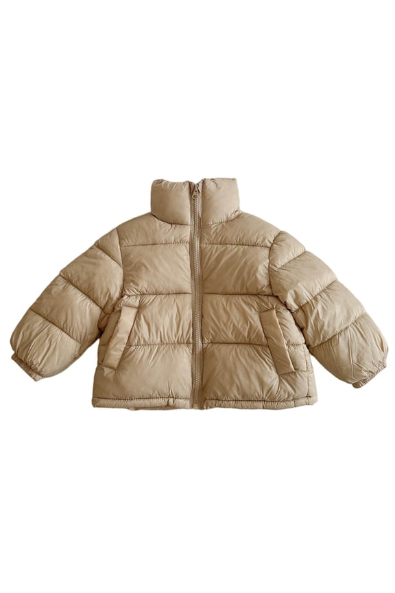 Childrens Winter Jacket Kids Boys Girls Warm Padded Coat Fall Outerwear Short Padded Coat Long Sleeve Stand Collar Solid Color Cold Weather Clothing(Khaki,1-2 Years)