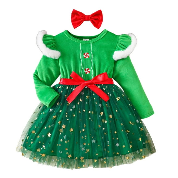IVEYRTF Christmas Baby Girl Striped Long Sleeve Colorful Mesh Dress Casual Cute Party Wear Toddler Kids Dress for Daily Soft Comfortable Breathable Outfit(Green#1,5-6 Years)