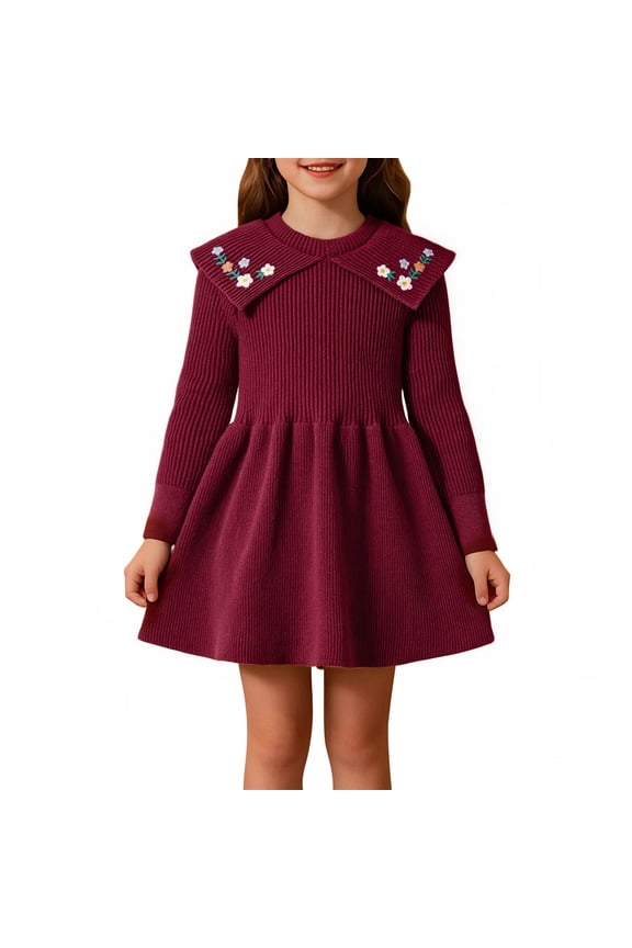 Christmas Print Long Sleeve Round Neck Casual Sweater Dress for Little Girls with Headband for Holiday Parties Family Soft Comfortable Kids Daily Wear Outfit Ideal Birthday(Red#3,7 Years)