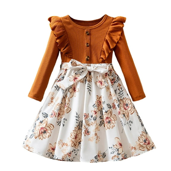 IVEYRTF FaGirls Long Sleeve Round Neck Princess Dress Elegant Star Print Party Gown for Fall Winter Holiday Christmas Birthday Celebration Toddler Kids Children Outfit(Brown#2,4 Years)