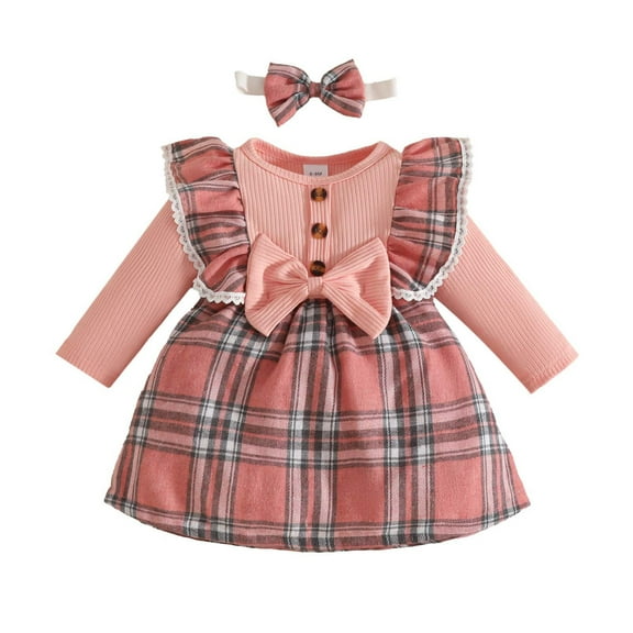 IVEYRTF Fall and Winter Childrens Plaid Skirt Round Neck Long Sleeved Dress with Headband Set Casual Party Daily Wear for Girls Toddler Outfit(Pink,3 Months)