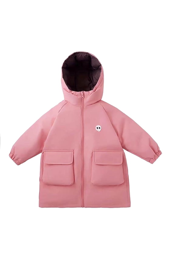 Fall Winter Kids Reversible Long Sleeve Hooded Jacket Mid Length Thickened Warm Knee Length Waterproof Windproof Padded Coat Outerwear for Children Boys Girls(Pink,5-6 Years)