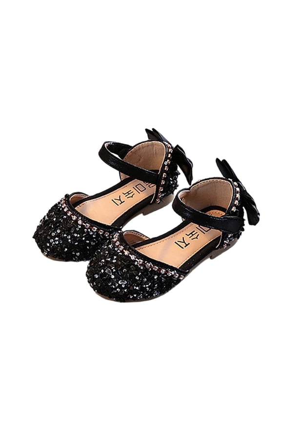Girl Rhinestone Bow Shoes with Open Toe and Ankle Strap Sparkly Dress Flats for Girls Kids' Dazzling Summer Shoes(Black,2.5-3 Years)