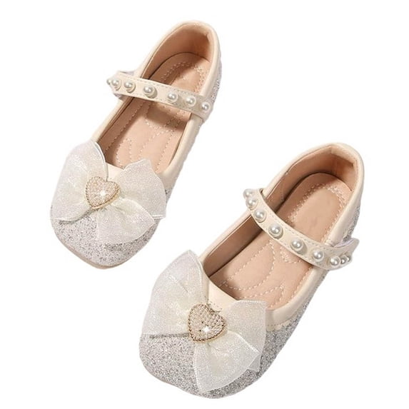 IVEYRTF Girls Bow Princess Shoes with Soft Sole and Sparkle Childrens Casual and Dressy Flats Kids Pretty Party Shoes(Beige,4-4.5 Years)