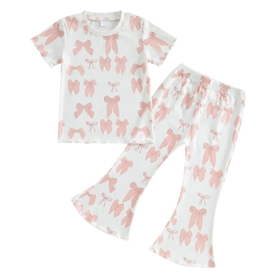 IVEYRTF Girls Bow Print 2PC Set Fashion Short Sleeve Top with Long Flare Pants Casual Summer Trendy Outfit Comfort Play Clothes(Pink,4-5 Years)