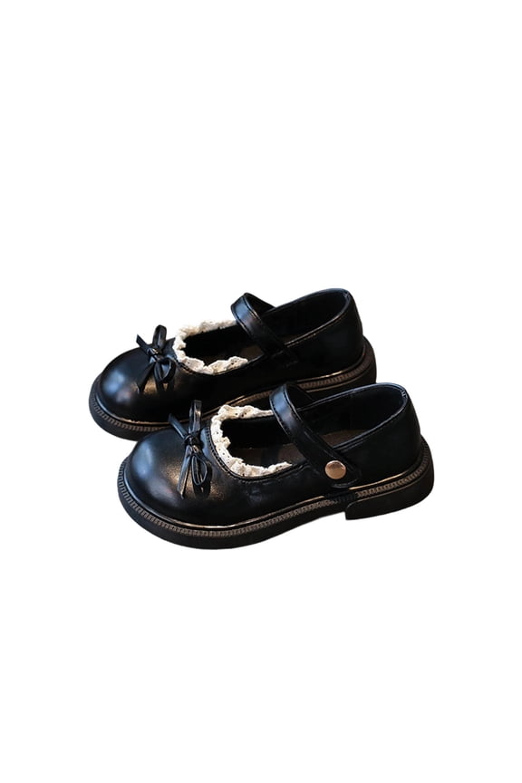 Girls Bowknot Mary Janes with Grip Snap Button Strap Shiny Leather Shoes for Kids Casual and Dressy Flats(Black,3.5-4 Years)