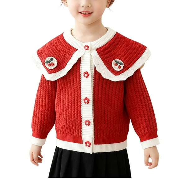 IVEYRTF Girls Cardigan Knitted Sweater with Cute Knit Cherry Print Big Lapel Sweater Fashion Casual Fall Winter Children's Sweater Jacket Outwear Tops for Kids 2-8 Years(Red,7-8 Years)