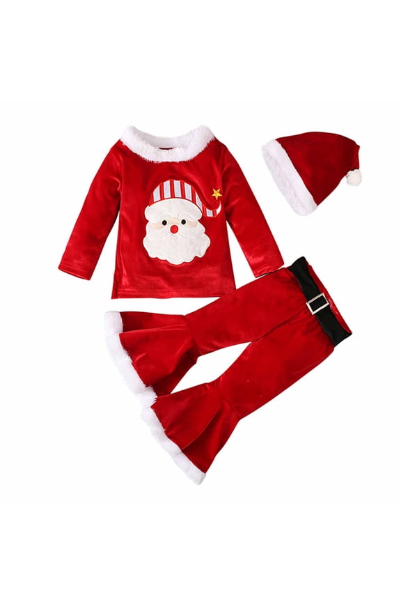Girls Christmas 3 Piece Set Long Sleeve Top and Bell Bottoms with Matching Hat Outfit for Kids 1-8 Years(White,3-4 Years)