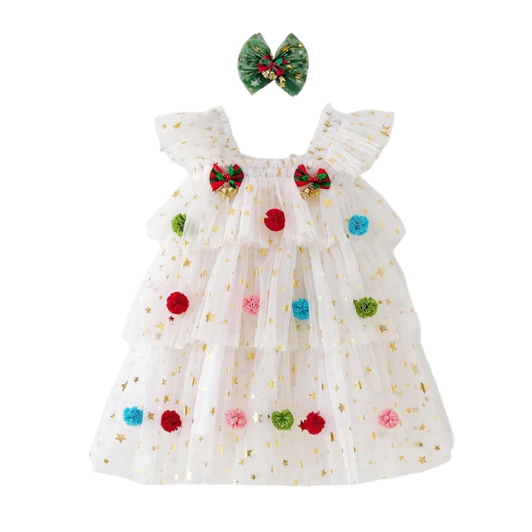 IVEYRTF Girls Christmas Dress Star Cake Tutu Princess Net Layered Puffy  Dresses Flying Sleeve Party Holiday Formal Wear Elegant Outfit for Birthday  ...
