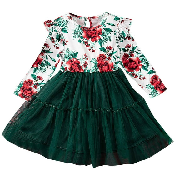 IVEYRTF Girls Christmas Long Sleeve Round Neck Princess Dress Rose Floral Print Party Gown for Holiday Birthday Celebration Festive Outfit Toddler Baby(Green,2 Years)