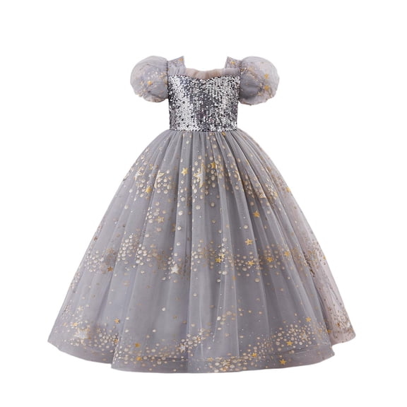 IVEYRTF Girls Christmas Party Dress Princess Gown with Sparkly Sequins Puffed Sleeve Tulle Skirt for Birthday Pageants Fashion Elegant Round Neck Short Sleeve Dress(Gray,8-9 Years)