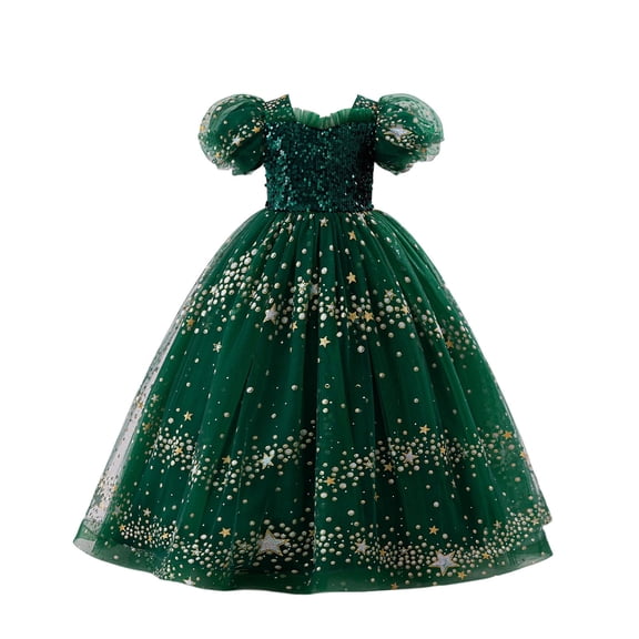 IVEYRTF Girls Christmas Party Dress Princess Gown with Sparkly Sequins Puffed Sleeve Tulle Skirt for Birthday Pageants Fashion Elegant Round Neck Short Sleeve Dress(Green,8-9 Years)