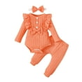 thumbnail image 1 of IVEYRTF Girls Cute Print 3-Piece Set Long Sleeve Romper Pants and Hairband Fall Winter Fleece-Lined Homewear Outfit for Kids 1-24 Months(Orange,9 Months), 1 of 9