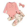 thumbnail image 1 of IVEYRTF Girls Cute Print 3-Piece Set Long Sleeve Romper Pants and Hairband Fall Winter Fleece-Lined Homewear Outfit for Kids 1-24 Months(Pink#1,3 Months), 1 of 9