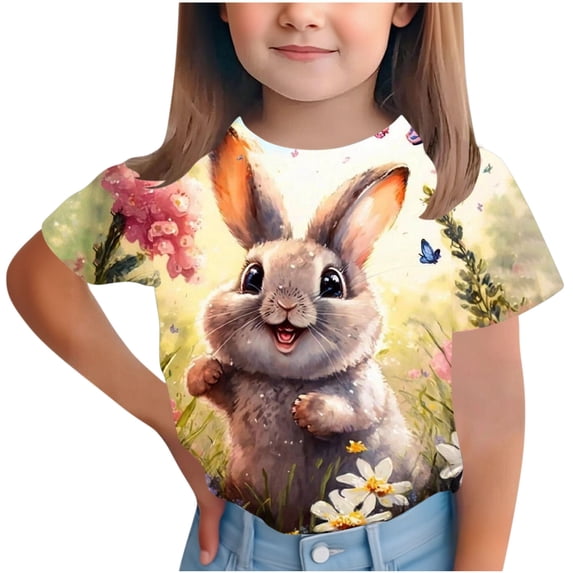 IVEYRTF Girls Easter Bunny Print Short Sleeve T-Shirt Casual Round Neck Top for Spring Celebration Activities Everyday Comfort Tops(Yellow#3,14-15 Years)