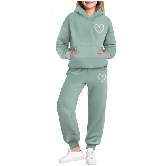 IVEYRTF Girls Fashion Cute Heart Print Hooded Sweatshirt Set Long Sleeve Crew Neck Tops with Pants Fall Winter Fleece Lined Sporty Two Piece Outfit for Kids(Green,6-7 Years)