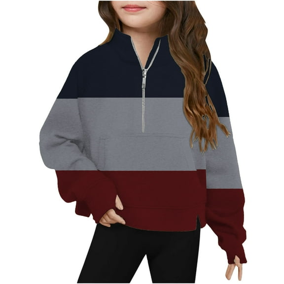IVEYRTF Girls Fashion Half Zip Pullover Long Sleeve Pullover Crop Sweatshirt Soft Lightweight Fleece Crewneck Tops with Pocket for Kids Everyday Casual Wear(Multicolor#3,5-6 Years)