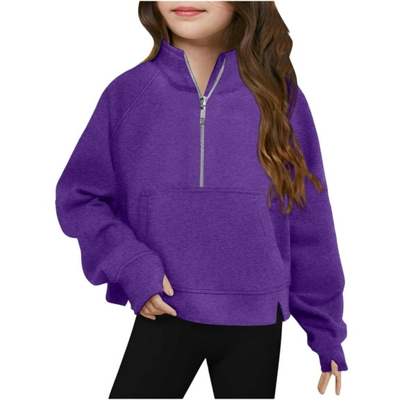 IVEYRTF Girls Fashion Half Zip Pullover Long Sleeve Pullover Crop Sweatshirt Soft Lightweight Fleece Crewneck Tops with Pocket for Kids Everyday Casual Wear(Purple,7-8 Years)