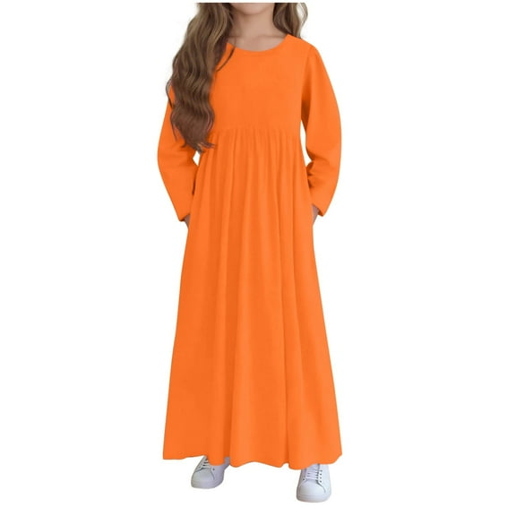 IVEYRTF Girls Fashion Long Sleeve Round Neck Solid Color Dress with Pockets Children's Casual Everyday Play Dresses for Big Kids Spring Fall(Orange,11 Years)