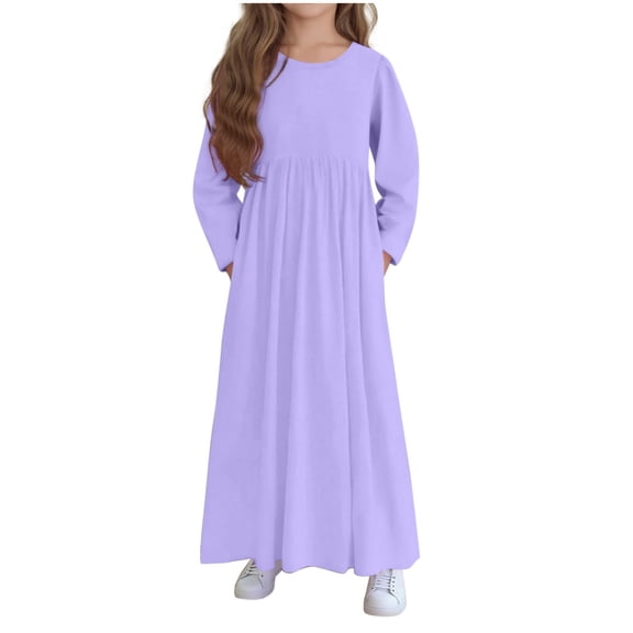 IVEYRTF Girls Fashion Long Sleeve Round Neck Solid Color Dress with Pockets Children's Casual Everyday Play Dresses for Big Kids Spring Fall(Purple,11 Years)
