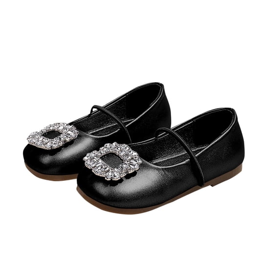 IVEYRTF Girls Fashion Mary Flats with Dazzling Rhinestone Buckle Childrens Rubber Soled Leather Shoes Stylish and Comfy Flats(Black,4-4.5 Years)
