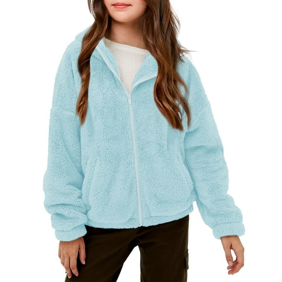 IVEYRTF Girls Faux Fleece Zip Up Hooded Jacket Warm Winter Outerwear Coats for Kids Soft Lined Pockets Girls Cozy Pullover Top for Fall Winter Casual Wear(Light Blue,13-14 Years)