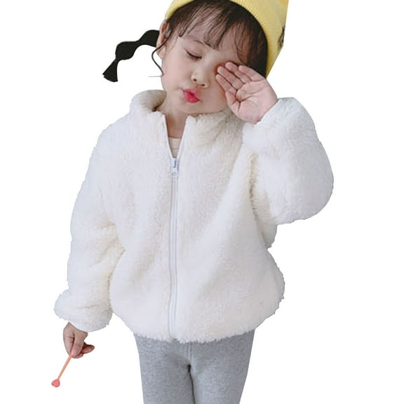 IVEYRTF Girls Fleece Jacket Full Zip up Stand Collar Winter Coat Solid Color Zipper Jacket Fuzzy Warm Thick Soft Kids Outerwear Outerwear Pockets(White,4-5 Years)