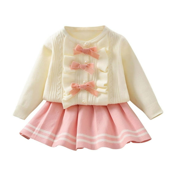 IVEYRTF Girls Fleece-Lined Knit Sweater Top and Skirt Set Long Sleeve Color Blocked Casual Fall Winter Comfortable Fit Outwear 2 Piece Outfit for Kids 1-7 Years(Pink#2,2 Years)