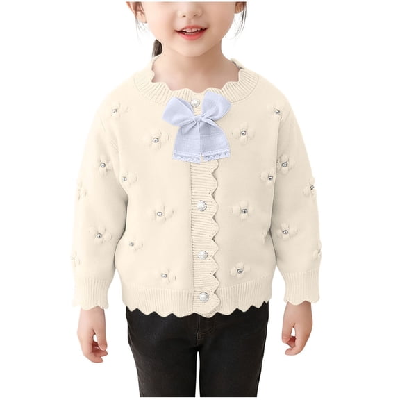 IVEYRTF Girls Floral Knit Button Cardigan Sweater Big Lapel Open Front Coat Soft Cozy Warm Outerwear for Toddler Kids Everyday Wear Casual Outfit(White#1,7-8 Years)