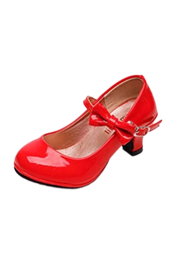 Girls High Heel Leather Shoes with Bow for Performances Buckle Mary Jane Shoes Kids' Dressy and Stylish Party Shoes(Red,3.5-4 Years)