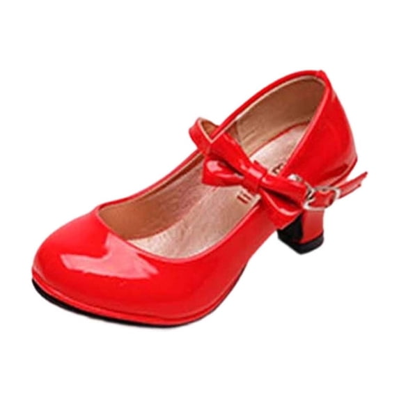 IVEYRTF Girls High Heel Leather Shoes with Bow for Performances Buckle Mary Jane Shoes Kids' Dressy and Stylish Party Shoes(Red,4-4.5 Years)