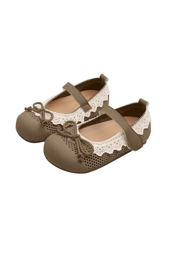 Girls Hollow Lace Bow Princess Shoes Korean Edition Soft-Soled Leather Flats Kids Fashion Shoes(Khaki,3.5-4 Years)