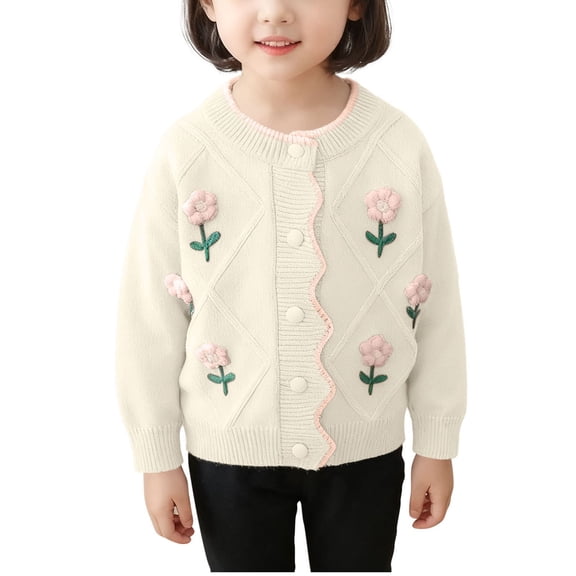 IVEYRTF Girls Jacquard Cardigan Knit Sweater with Button Lapel Sweater Childrens Cute Floral Print Sweater Jacket for Kids 2-8 Years(White,2-3 Years)