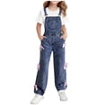 thumbnail image 1 of IVEYRTF Girls Jeans Trousers with Bow Wide Leg Adjustable Strap Overalls Fall Winter Casual Comfortable Fit Soft Denim Romper Everyday Wear Pants(Dark Blue,8-9 Years), 1 of 4