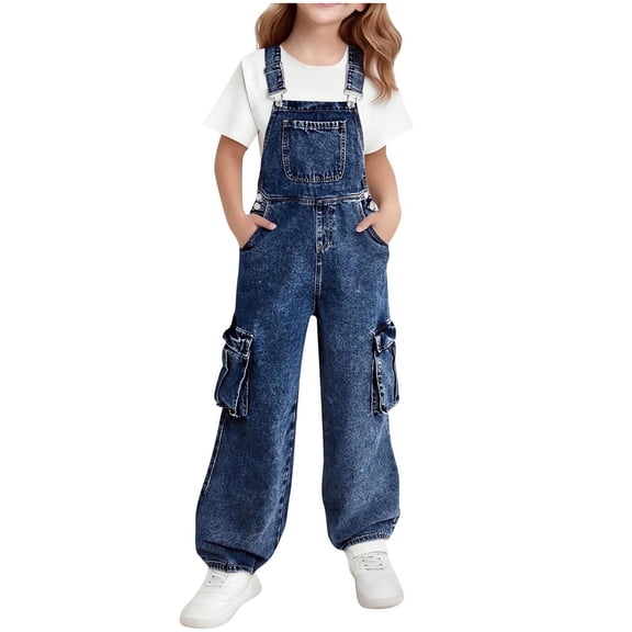 IVEYRTF Girls Jeans Trousers Wide Leg Adjustable Strap Overalls Fall Winter Casual Comfortable Fit Soft Denim Romper Everyday Wear Pants(Blue,8-9 Years)
