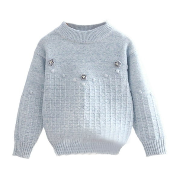 IVEYRTF Girls Knit Sweater Pearl Flower Solid Color Warm Cozy Fall Winter Fashion Thermal Top Everyday Wear for Kids 3-12 Years(Blue,3-4 Years)