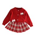 thumbnail image 1 of IVEYRTF Girls Knit Sweater Top and Skirt Set Long Sleeve Cute Bow Tie Casual Fall Winter Soft Fit Outwear 2 Piece Outfit for Kids 1-8 Years(Red,7-8 Years), 1 of 9