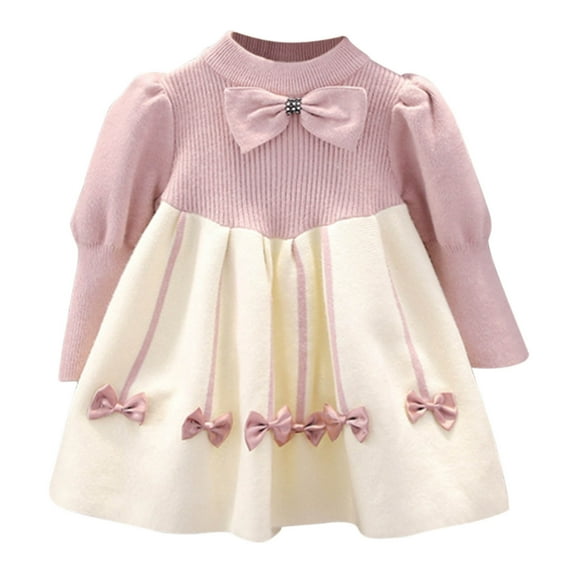 IVEYRTF Girls Lace Patchwork Bow Dress Long Sleeve Round Neck Loose Casual Fashion Party Everyday Wear Comfortable Lightweight Soft Dress for All Seasons(Pink,5-6 Years)