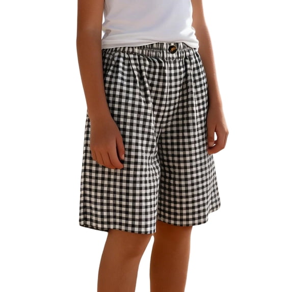 IVEYRTF Girls Linen Blend Shorts Plaid Pattern Button Front Pocket Design Loose Fit Casual Wear Comfort Children's Shorts(Black,11 Years)