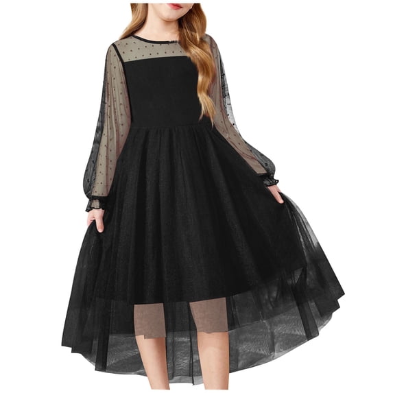 IVEYRTF Girls Long Sleeve Casual Party Dress Spring Princess Performance Dress for Birthday Holiday Christmas Celebration Elegant Fashionable Kids Wear(Black,7-8 Years)