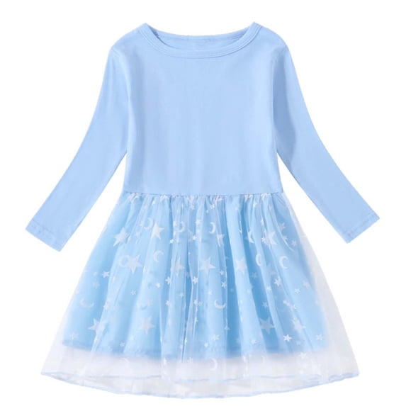 IVEYRTF Girls Long Sleeve Color Block Dress Round Neck Casual Loose Comfortable Everyday Wear Party Outfit Holiday Photoshoot Soft Breathable Kids Toddler Play Dress(Light Blue,3 Years)
