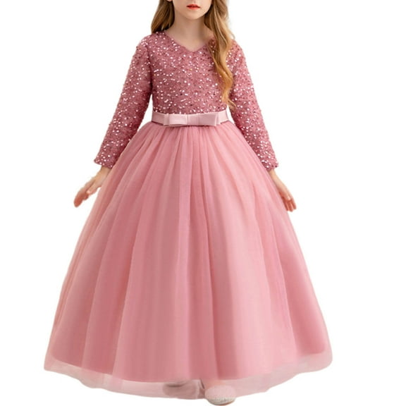 IVEYRTF Girls Long Sleeve Evening Gown Princess Dress for Pageant Party Wedding Banquet Flower Girl Piano Recital Performance Formal Dresses(Pink,12-13 Years)
