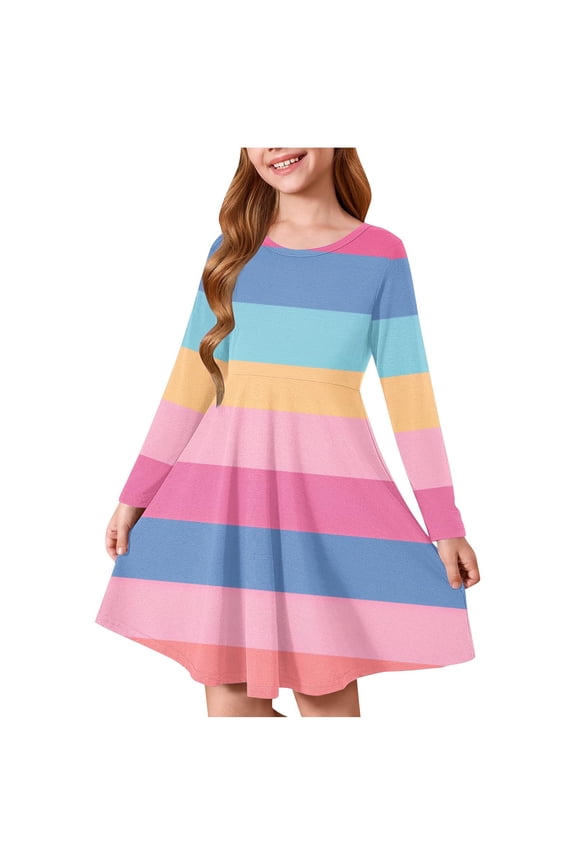 Girls Long Sleeve Princess Dress A Line Skater Dress Christmas Printed Stretchy Round Neck Casual Party Recital Daily Wear Dress for Kids(Pink#2,7 Years)