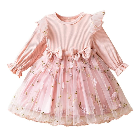IVEYRTF Girls Long Sleeve Princess Dress Ruffled Lace Embroidery Mesh Skirt Round Neck Dresses for Fall Spring Daily Wear Travel Holiday Birthday Party Outfit(Pink#2,1 Years)