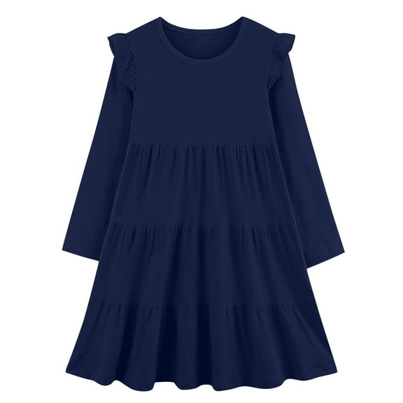 IVEYRTF Girls Long Sleeve Ruffle Hem Dress Princess Party Wear Flare Dress Elegant Basic Casual Style for School Vacation Daily Outfit Holiday Festive(Blue#1,7 Years)