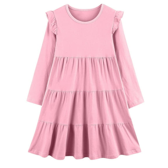 IVEYRTF Girls Long Sleeve Ruffle Hem Dress Princess Party Wear Flare Dress Elegant Basic Casual Style for School Vacation Daily Outfit Holiday Festive(Pink#1,7 Years)
